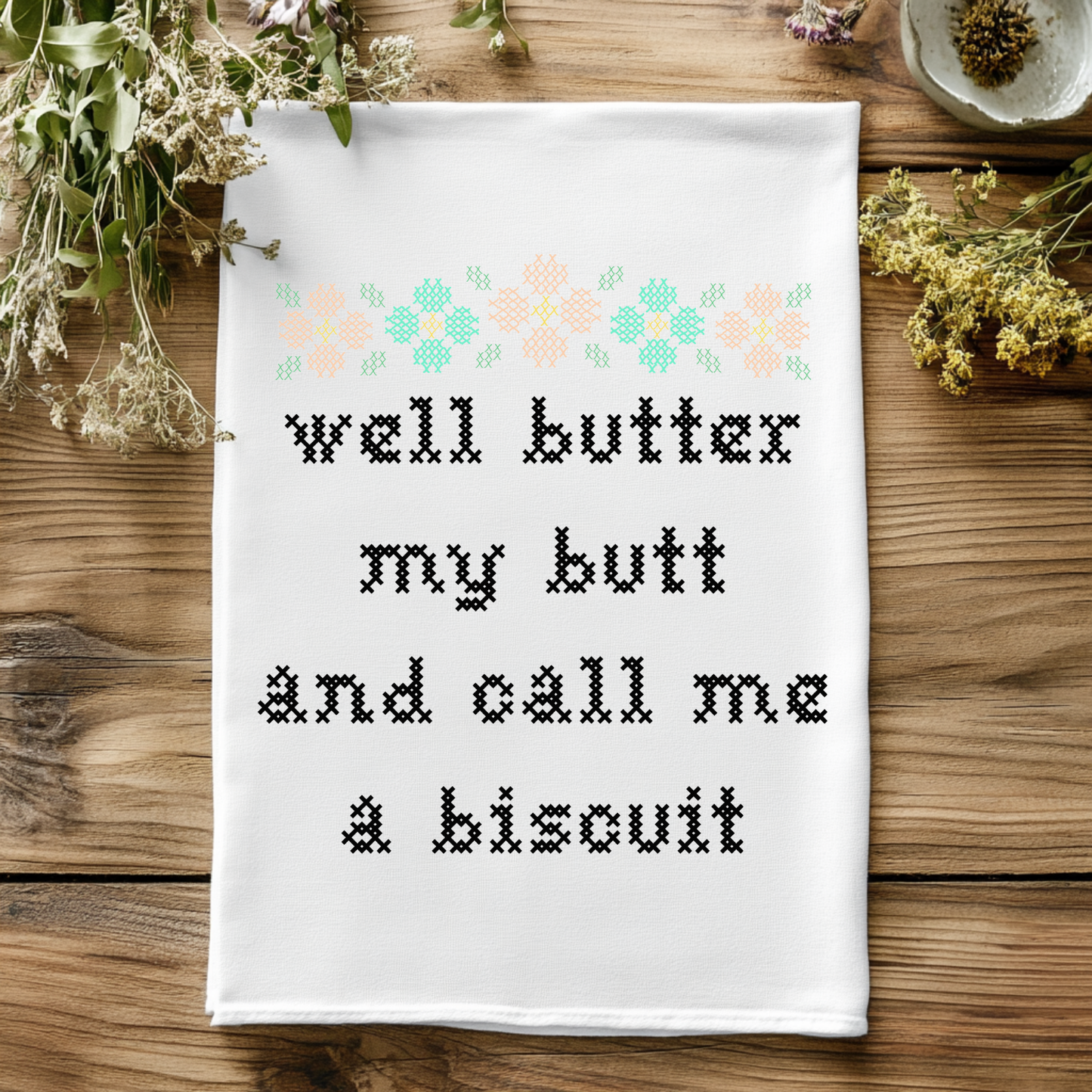 Colorful Cross Stitch Towels - Butter My Butt