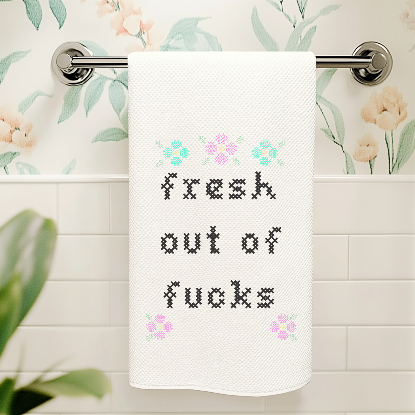 *PRE-ORDER* 
Colorful Cross Stitch Towels - Fresh Out of Fucks: Waffle Weave