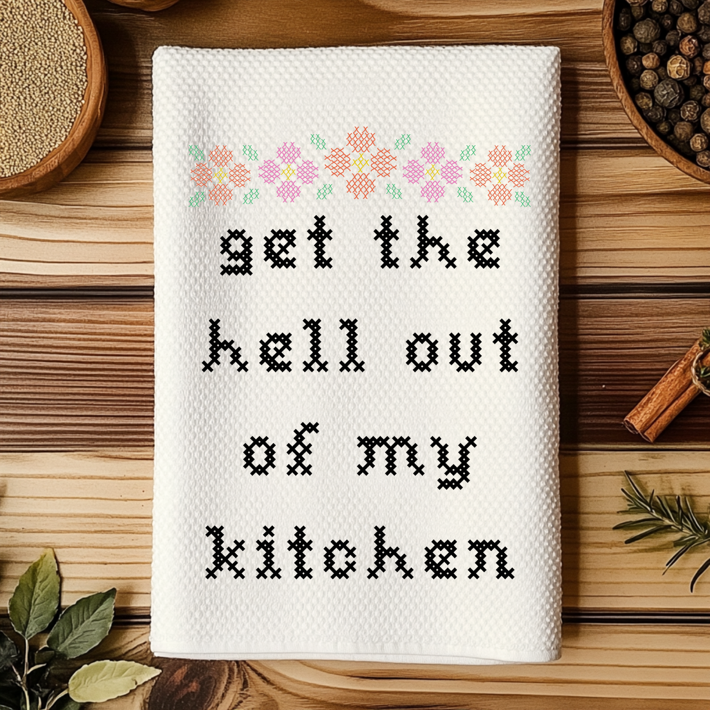 *PRE-ORDER* 
Colorful Cross Stitch Towels - Get Out of My Kitchen: Waffle Weave