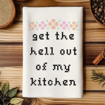 *PRE-ORDER* 
Colorful Cross Stitch Towels - Get Out of My Kitchen: Waffle Weave