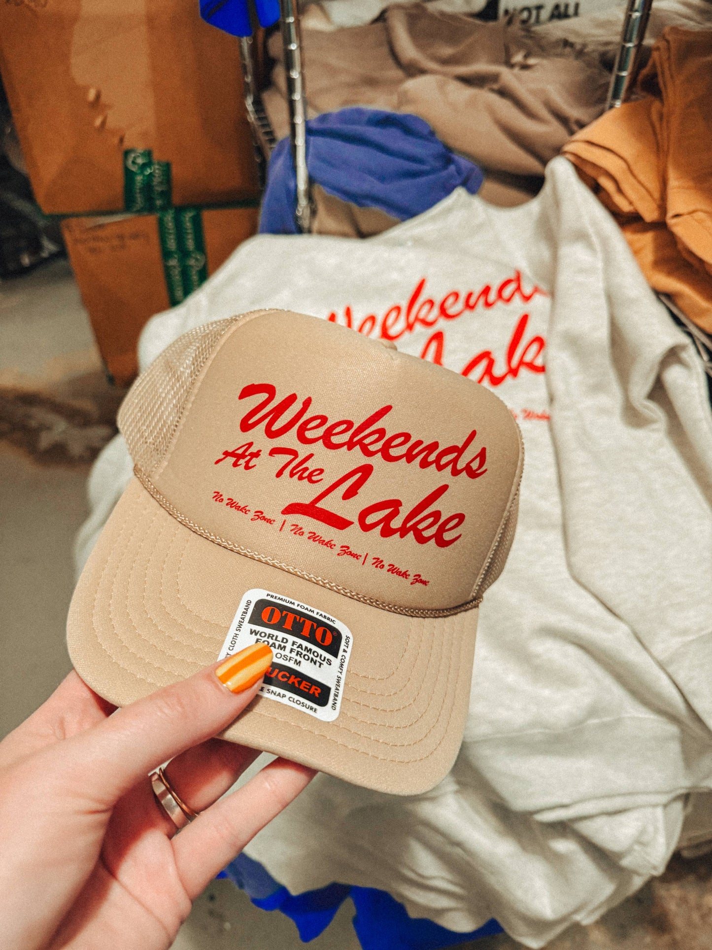 *PRE-ORDER* 
Weekends at the Lake, Summer Lake Days Trucker Hat: Khaki