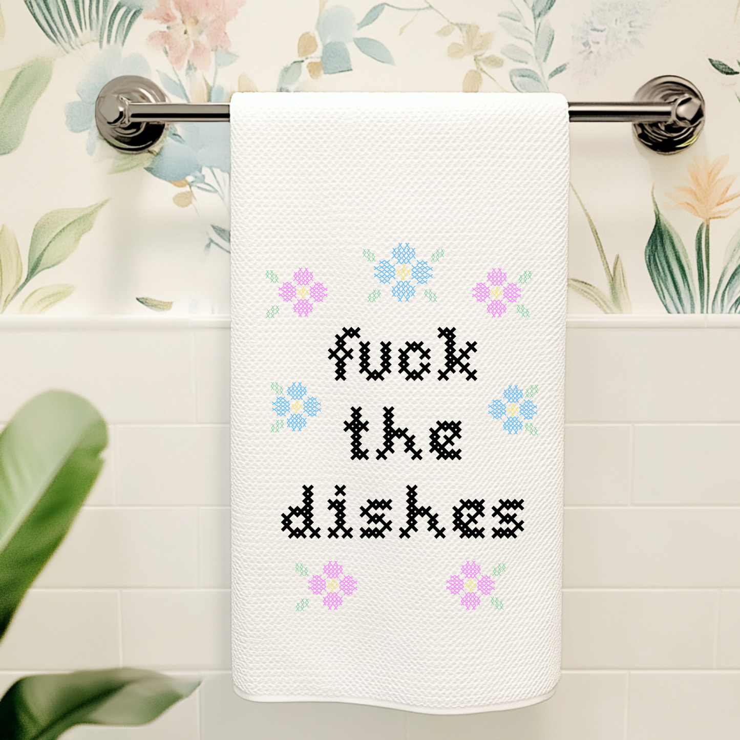 Colorful Cross Stitch Towels - Fuck the Dishes: Waffle Weave