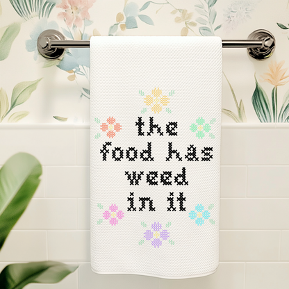 *PRE-ORDER* 
Colorful Cross Stitch Towels - The Food Has Weed In It: Waffle